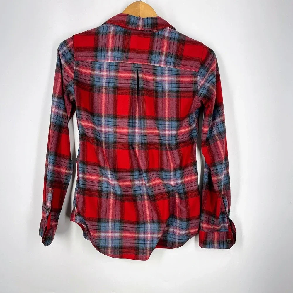Eddie‎ Bauer Red Blue Plaid Flannel Button Down Shirt Womens Long Sleeve Pockets